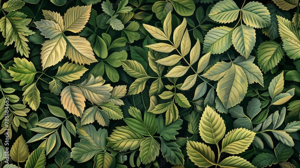 Botanical Illustrations: A photo of a detailed botanical illustration featuring a variety of leaves Botanical Illustrations: A photo of a detailed botanical illustration featuring a variety of leaves