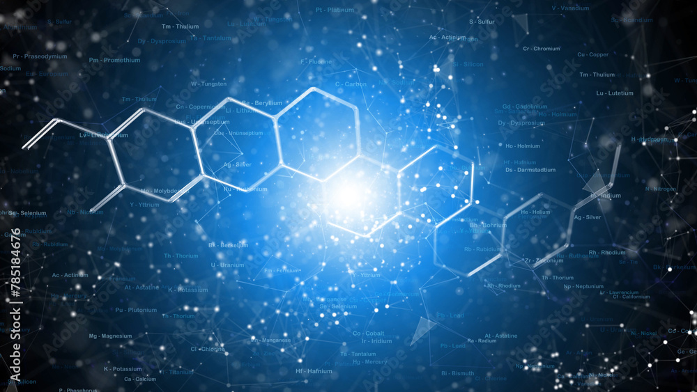 Chemical molecules and elements word cloud illustration on bright blue abstract background. - obrazy, fototapety, plakaty 