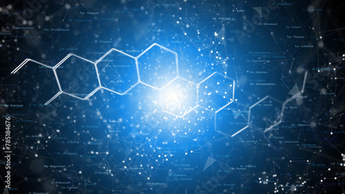 Chemical molecules and elements word cloud illustration on bright blue abstract background.