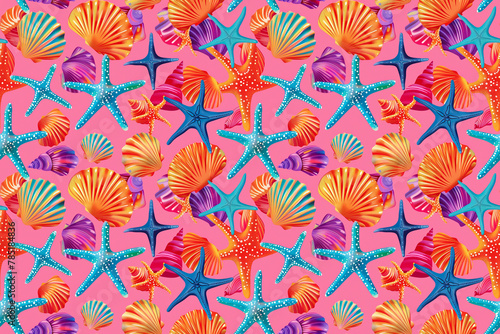 Vivid seashell and starfish pattern on a hot pink backdrop