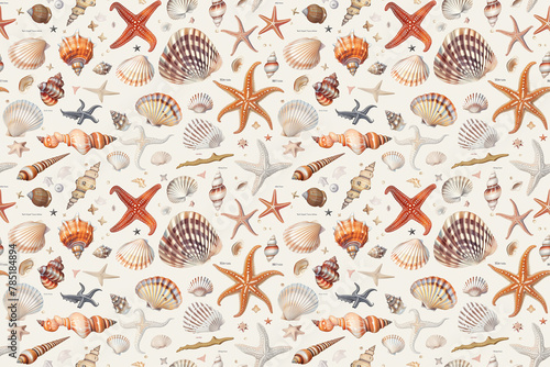 Seamless underwater sea shell pattern with natural tones and starfish