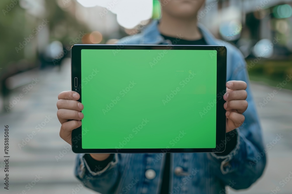 Naklejka premium Display mockup from a shoulder angle of a teen boy holding a tablet with an entirely green screen