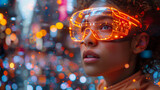 A young woman gazes into the city night, her smart eyewear aglow with vibrant interface graphics, merging urban life with digital innovation