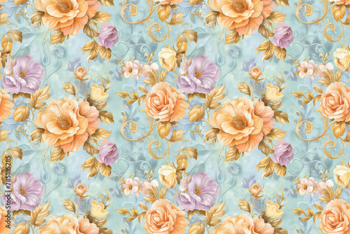Elegant floral wallpaper with roses in soft pastel tones