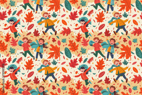 A colorful pattern of children playing in the fall