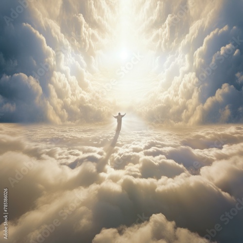A man standing in the clouds with his arms outstretched. AI. photo