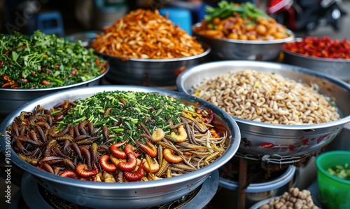 A bunch of bowls filled with different kinds of food. AI. © serg3d