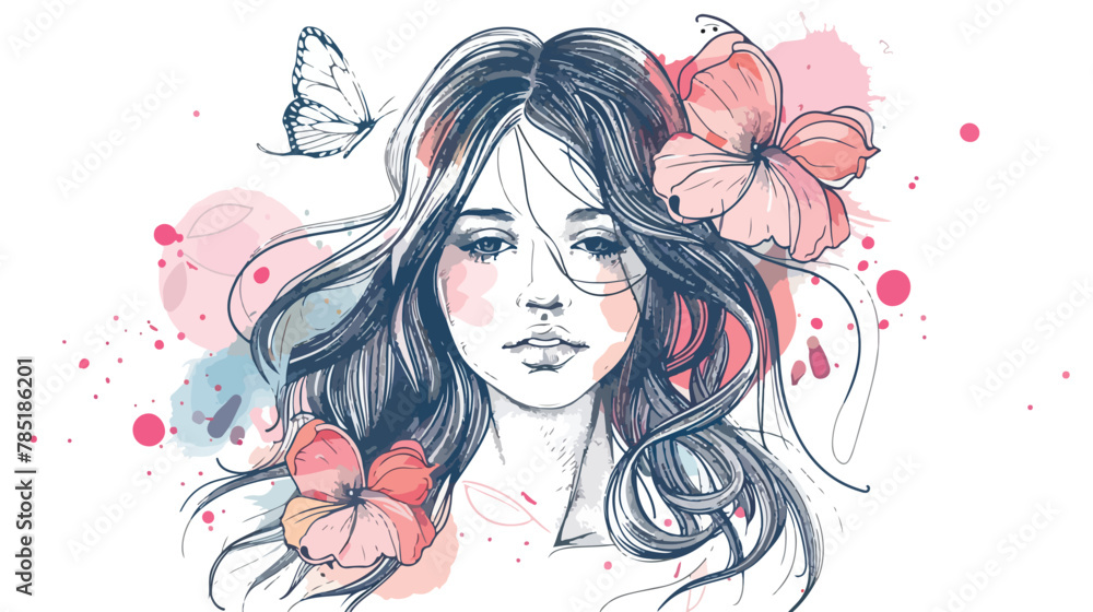 Girl with flowers girl with long hair and bow. Vector