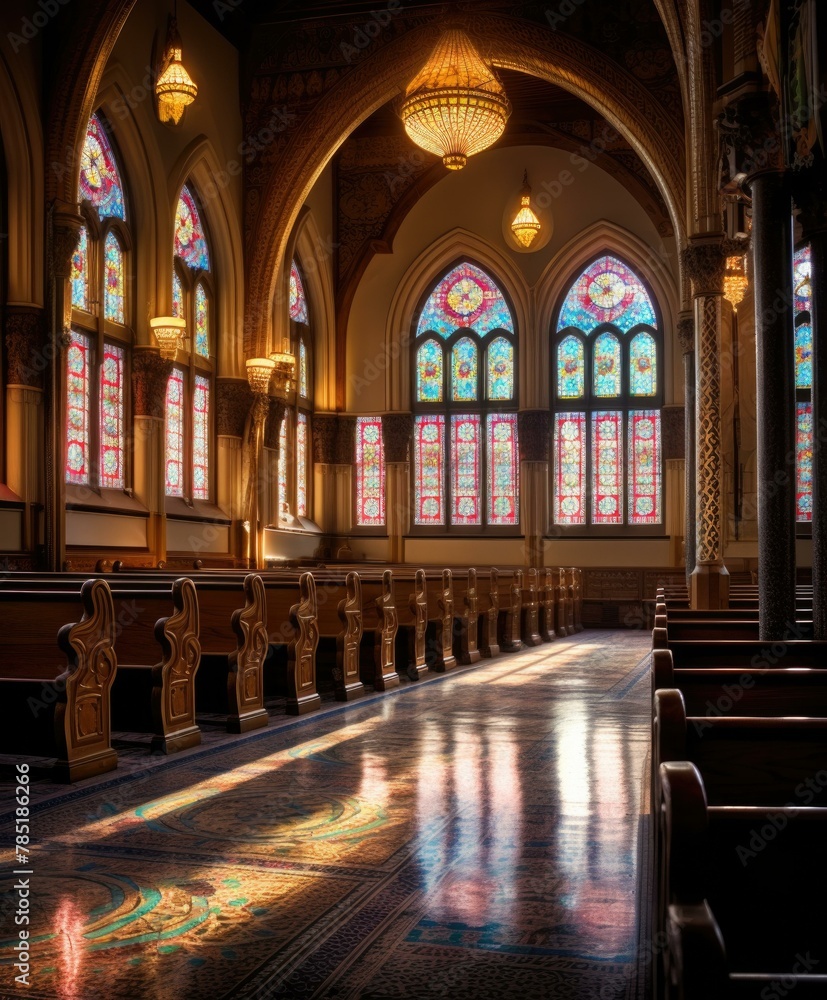 A church with stained glass windows and benches in the pews. AI.
