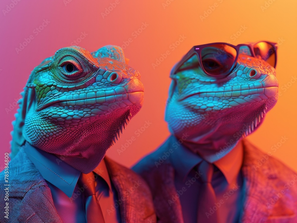 Two lizard men wearing suits and sunglasses standing next to each other. AI. Two lizard men wearing suits and sunglasses standing next to each other. AI.