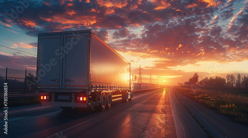 The outline of a truck speeding along the road meets with dawn, which underlines the importance of cargo logistics in the modern world.