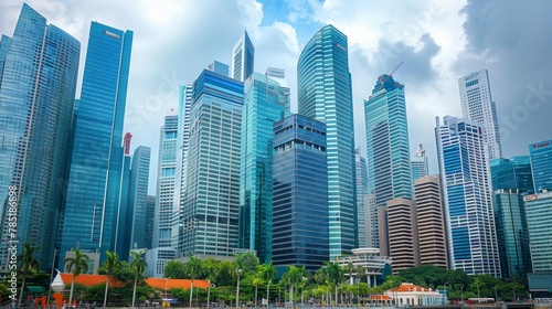 Global Business  A photo of a city skyline with skyscrapers