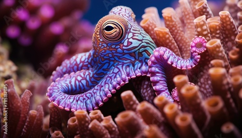 An octopus is sitting on top of a coral reef. AI. © serg3d
