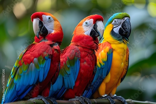Three Colorful Parrots Sitting on a Branch © D