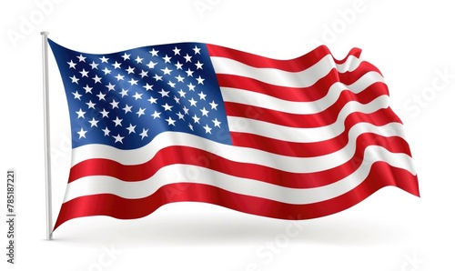 An american flag waving in the wind on a white background. AI. photo