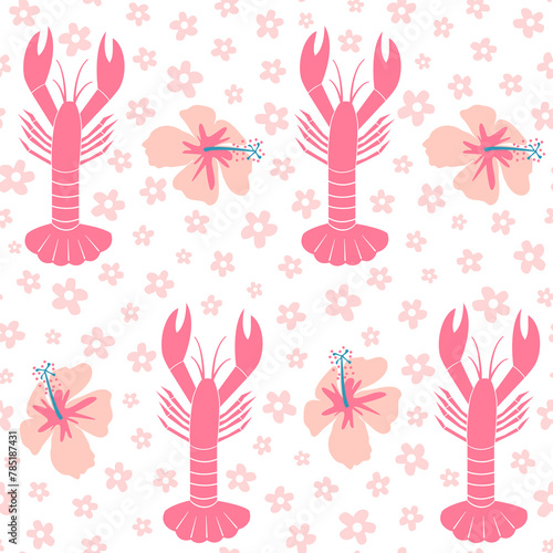 Cute hand drawn pink lobster, daisy flowers and hibiscus on white background seamless vector pattern illustration