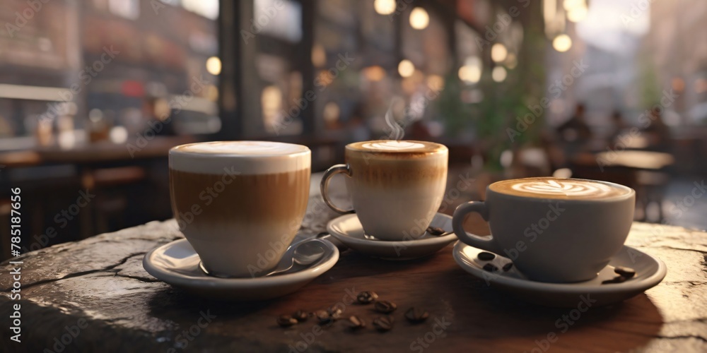 Three Lattes with Latte Art on a Cafe Table Three Lattes with Latte Art on a Cafe Table