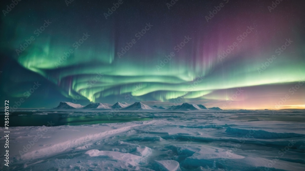 The aurora borealis lights up the sky over a snowy landscape. AI.