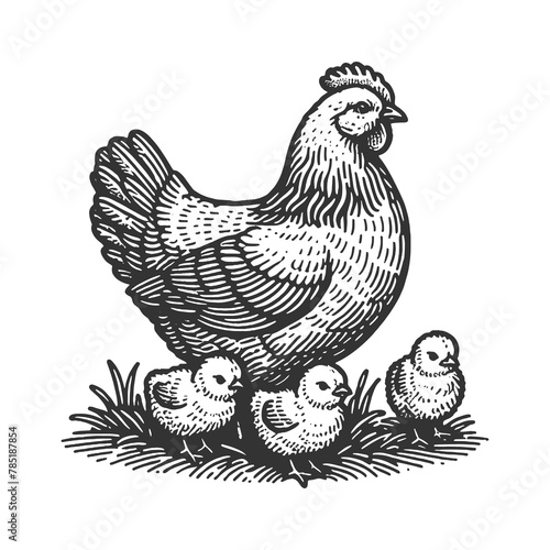  mother hen with her chicks among grass and grains sketch engraving generative ai fictional character raster illustration. Scratch board imitation. Black and white image.