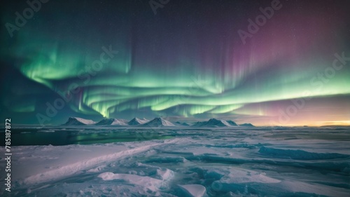 The aurora borealis lights up the sky over a snowy landscape. AI.