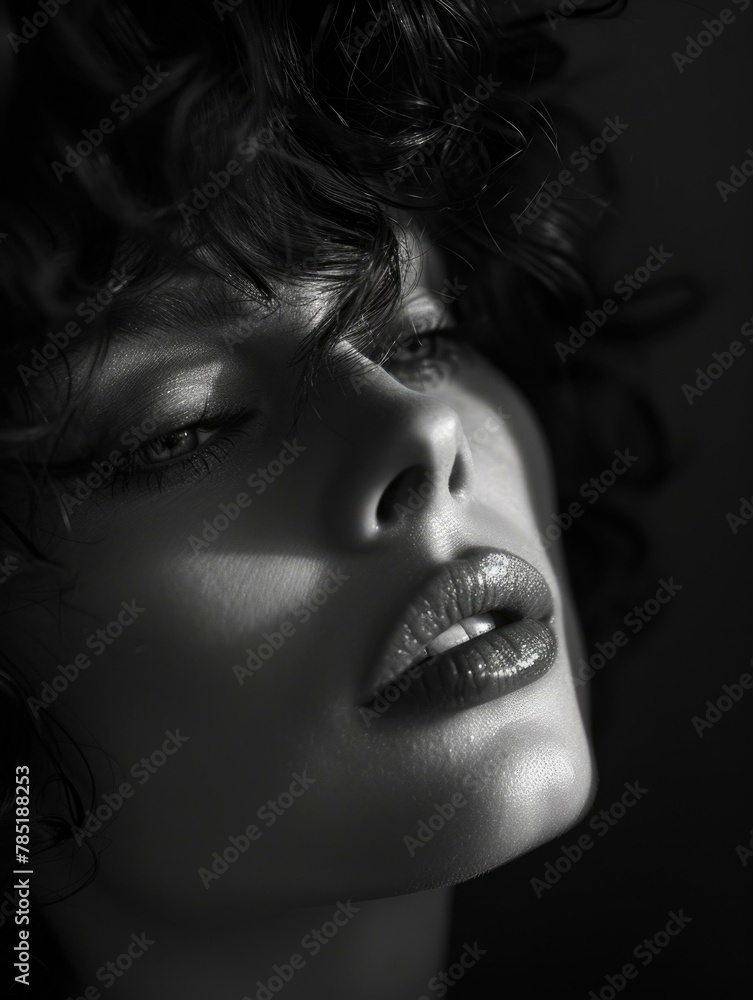 A woman with curly hair and a black background. AI. A woman with curly hair and a black background. AI.