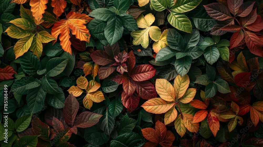 Seasonal Leaves: A photo of lush, dense foliage in the vibrant colors of autumn Seasonal Leaves: A photo of lush, dense foliage in the vibrant colors of autumn