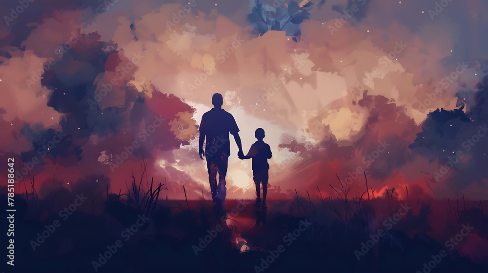 A boy walks with his father on father's day A boy walks with his father on father's day