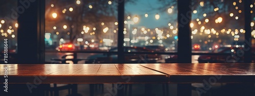 Empty outdoor restaurant and coffee shop on blurred city light background.