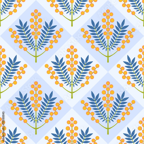 Symmetrical floral vector seamless pattern. Stylized branch with yellow flowers and leaves on blue geometric background. Australian Wattle Mimosa plant drawn with brush texture repeated design