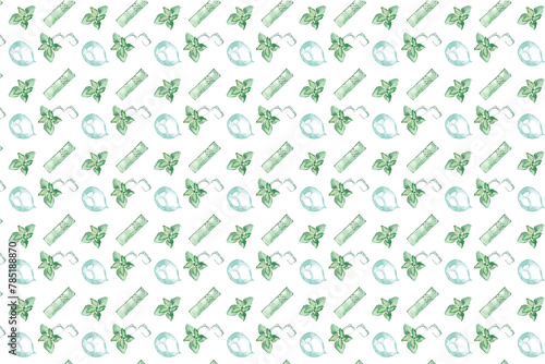 Mint chewing gum. Seamless pattern of green mint leaves, gum pads and inflated bubbles. Hand drawn watercolor illustration on white background for wrapping paper, fabric