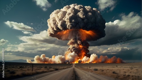 Explore the haunting aftermath of a nuclear detonation, as a mushroom cloud looms over a landscape forever changed by the unleashing of a weapon of mass devastation. photo