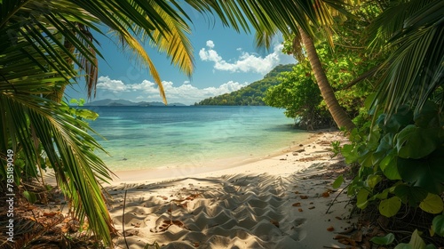 Tropical Leaves: A photo of a tropical beach with palm trees and leafy vegetation