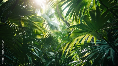 Tropical Leaves: A photo of a tropical rainforest with a canopy of large leafy trees