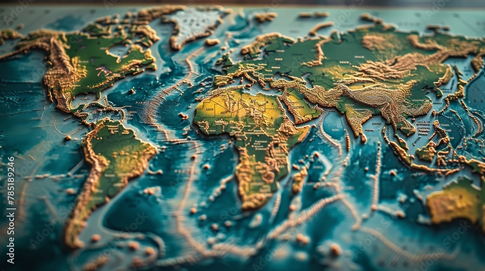Naklejka premium World Map: A close-up photo of a flat world map