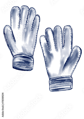 Goalkeeper `s gloves. Soccer and football. illustration in watercolor style. Sketch illustration. White and blue color. Transparent background. Use for stickers, posters, posters, prints on fabric.