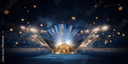 Indigo background, lights and golden confetti on the indigo background, football stadium with spotlights, banner for sports events