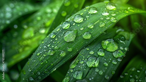 Water Droplets: A macro close-up photo of water droplets on a blade of grass