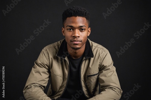 Positive young african american male in jacket sitting against black background
