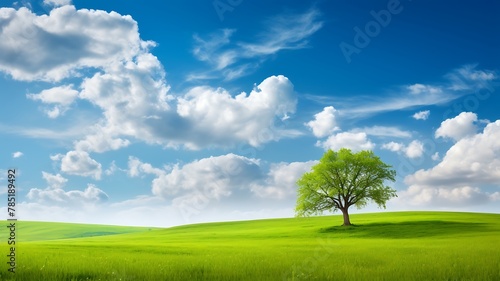 Lonely tree on a green meadow and blue sky with clouds