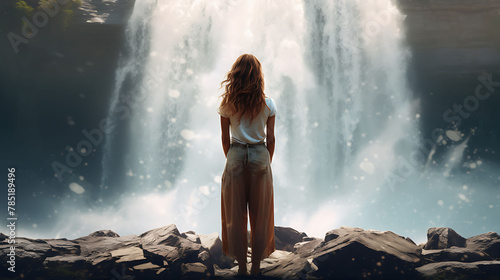 A woman stands by a waterfall, her gaze captivated by the rushing water against the white backdrop