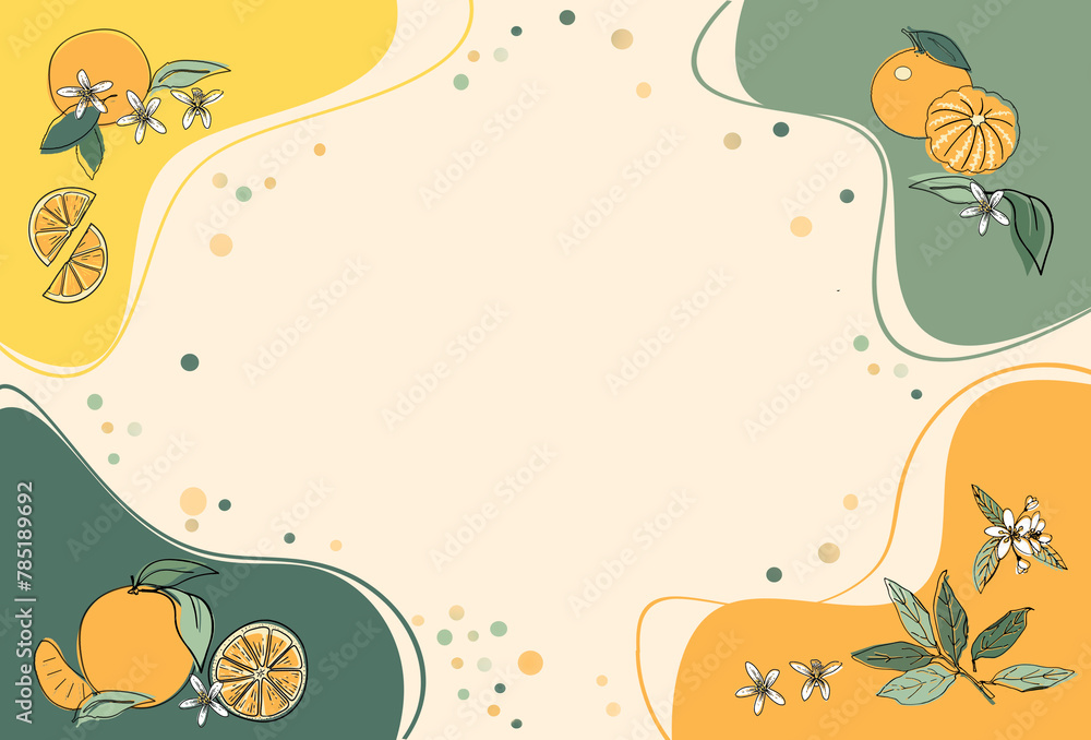 Orange -green colors  fruit tangerine set line art design greeting card blank or invitation template with frame from abstract spots organic forms . Flat lay. Free copy space