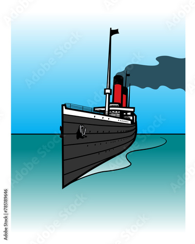 A vintage passenger liner cross the Ocean. Vector image for prints, poster and illustrations.