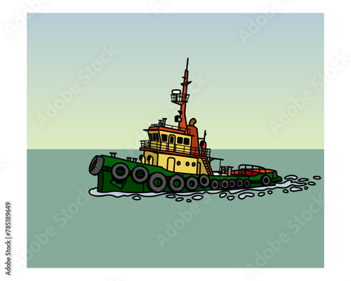 A small auxiliary vessel. Harbour support ship. Vector image for prints, poster and illustrations.