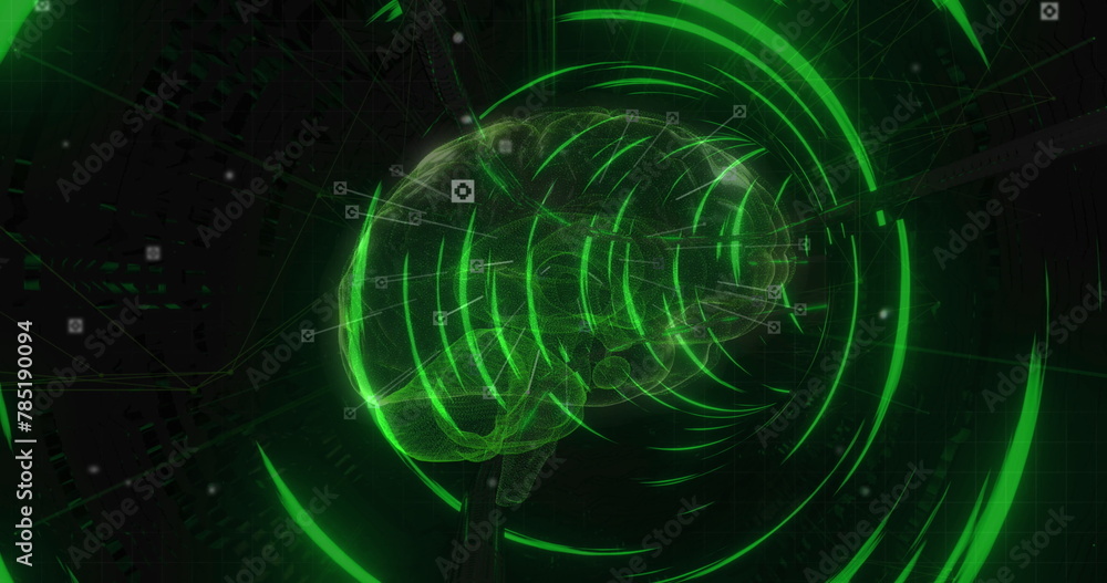Obraz premium Image of tunnel made of neon circles and brain on black background