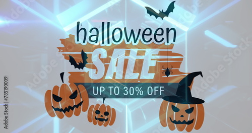 Halloween sale text banner with scary pumpkin and bats icons against glowing blue tunnel