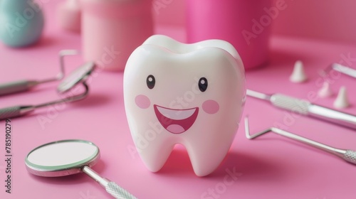 A toothbrush and toothpaste are on a pink countertop next to a smiling tooth