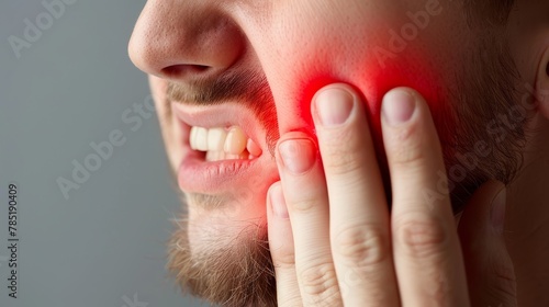 A man with a red face and a toothache. He is holding his hand to his face