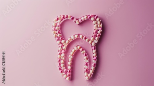 A tooth is made out of candy and is pink in color. The candy is arranged in a way that it looks like a heart