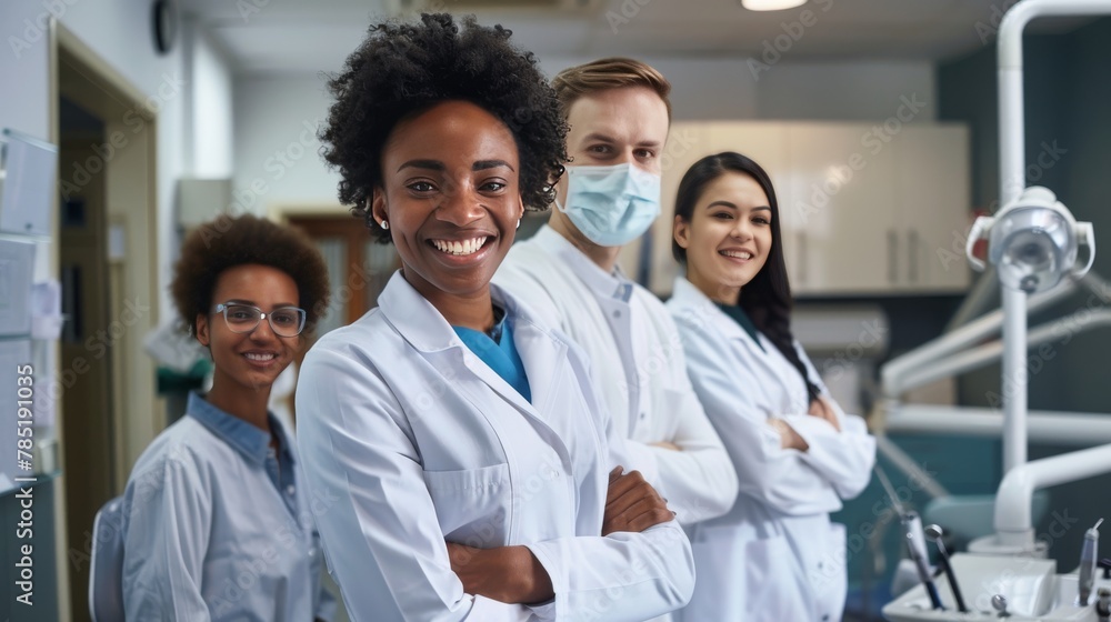 A group of medical professionals are posing for a photo. They are all wearing white lab coats and smiling A group of medical professionals are posing for a photo. They are all wearing white lab coats and smiling