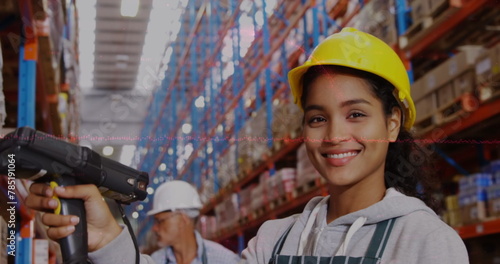 Data processing over portrait of african american female worker scanning stock at the warehouse
